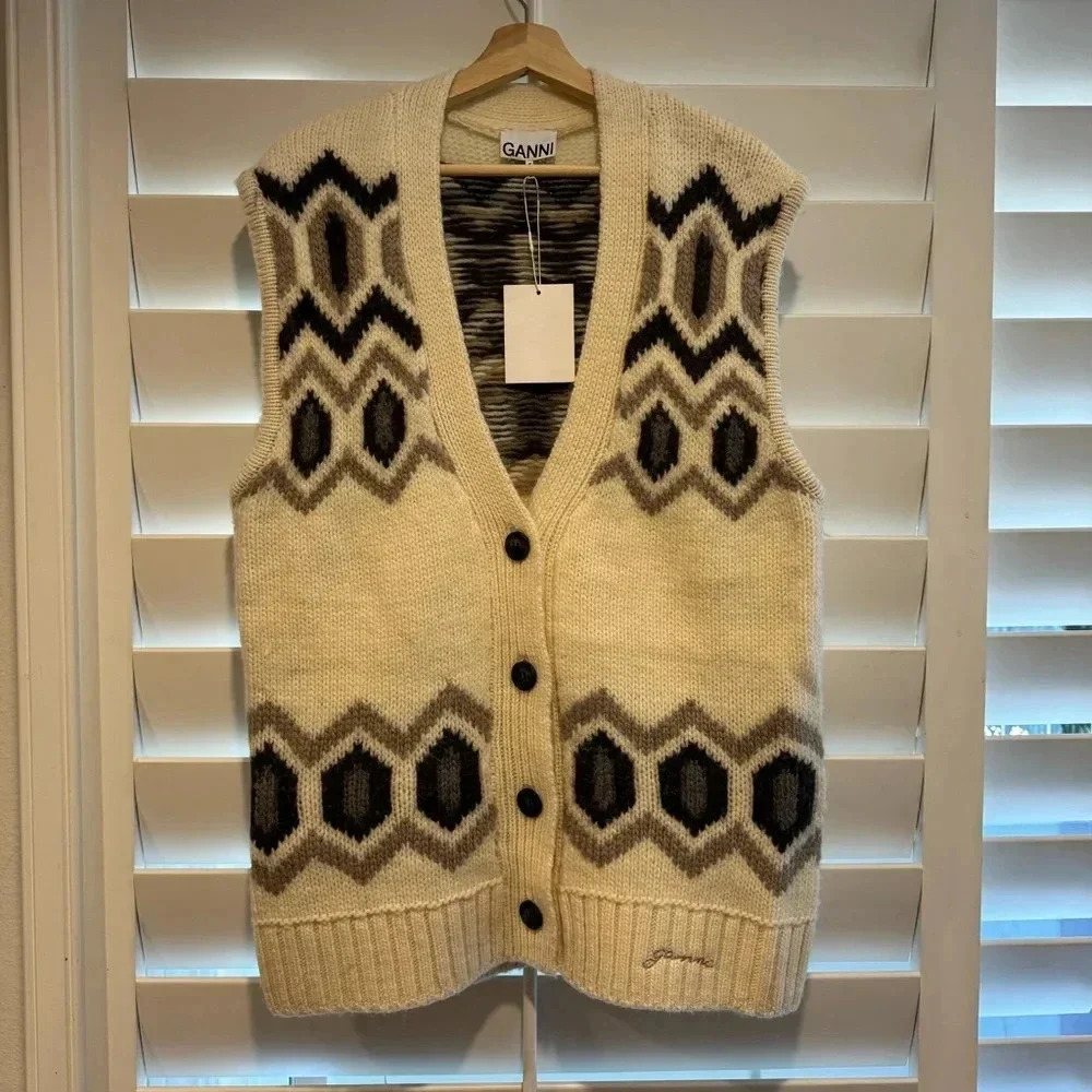 GANNI NWT Intarsia Graphic Knit Oversized Wool Vest Egret White S M $445 - Picture 9 of 14